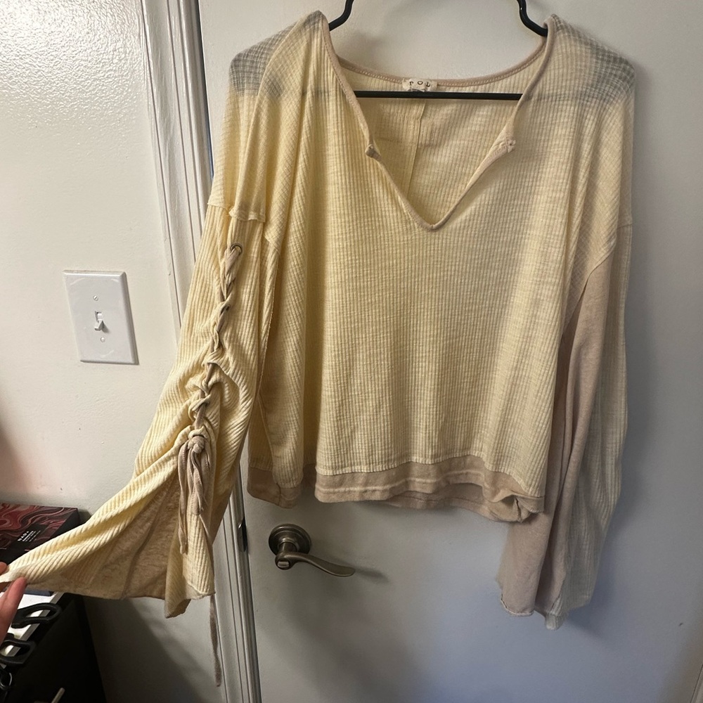 POL Clothing Boho Lace-Up Sleeve Waffle Knit Top